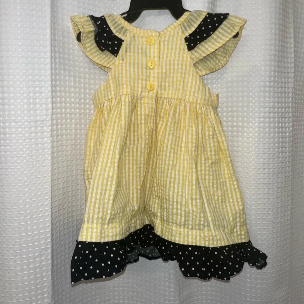 Rare Editions Yellow Seersucker Baby Dress with Bee Pattern